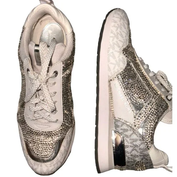 Women Sneakers, Crystals/ Rhinestones, Michael Kors shoes, Walking Shoes, Silver